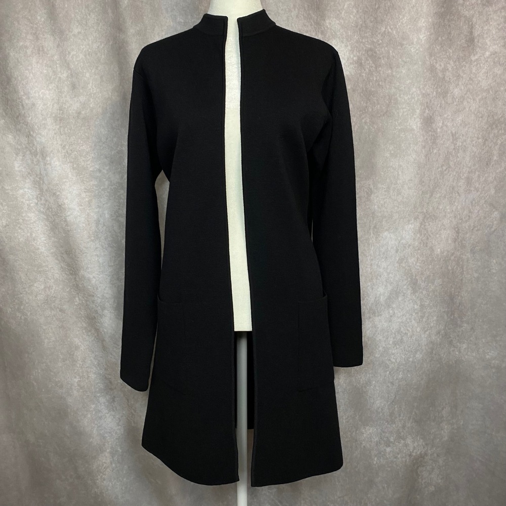 Eileen Fisher Black 100% Wool Italian Yarn Open Front Cardigan Long Sweater Smal